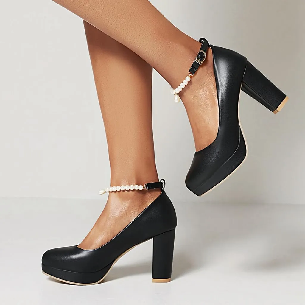 Women's Chunky High Heels Pearls Ankle Strap Pumps Shoes Round Toe Platform Elegant Mary Jane Dress Shoe