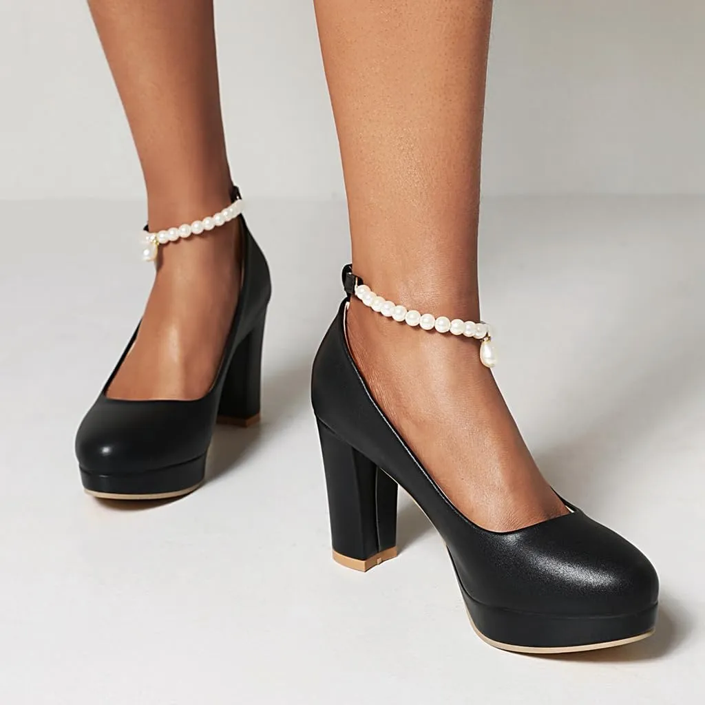 Women's Chunky High Heels Pearls Ankle Strap Pumps Shoes Round Toe Platform Elegant Mary Jane Dress Shoe