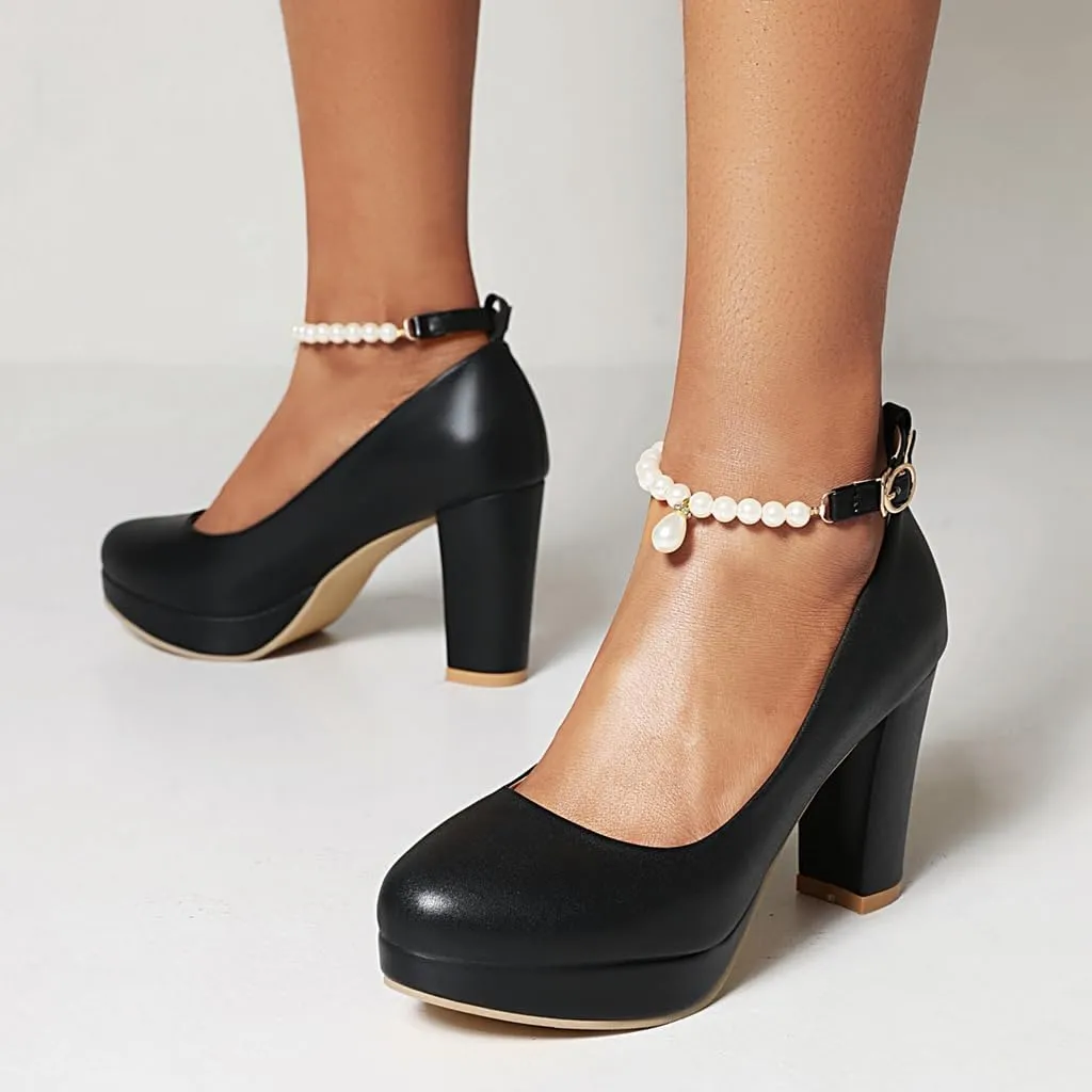 Women's Chunky High Heels Pearls Ankle Strap Pumps Shoes Round Toe Platform Elegant Mary Jane Dress Shoe