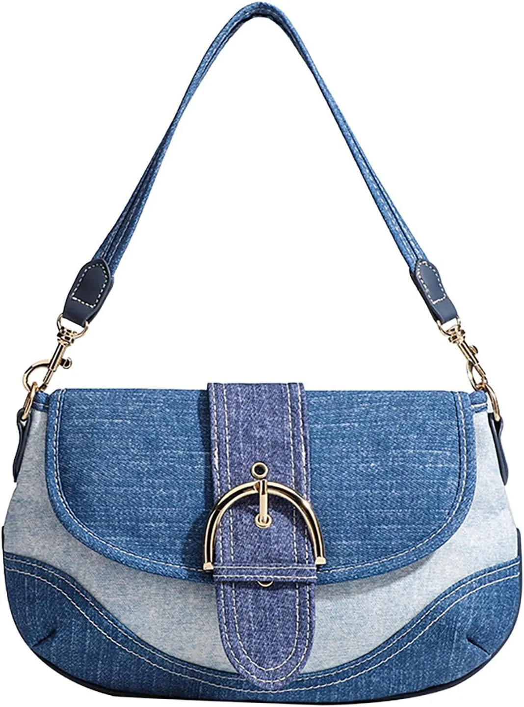 Women'S Denim Canvas Shoulder Bag Fashion Removable Shoulder Strap Patchwork With Buckle Mini Hobo Handbag (blue)