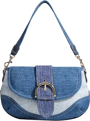 Women'S Denim Canvas Shoulder Bag Fashion Removable Shoulder Strap Patchwork With Buckle Mini Hobo Handbag (blue)