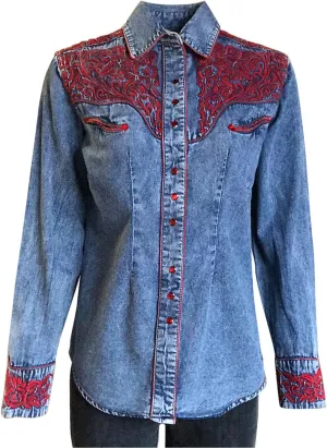 Womens Denim/Red 100% Cotton Vintage Tooling Embroidery L/S Shirt L