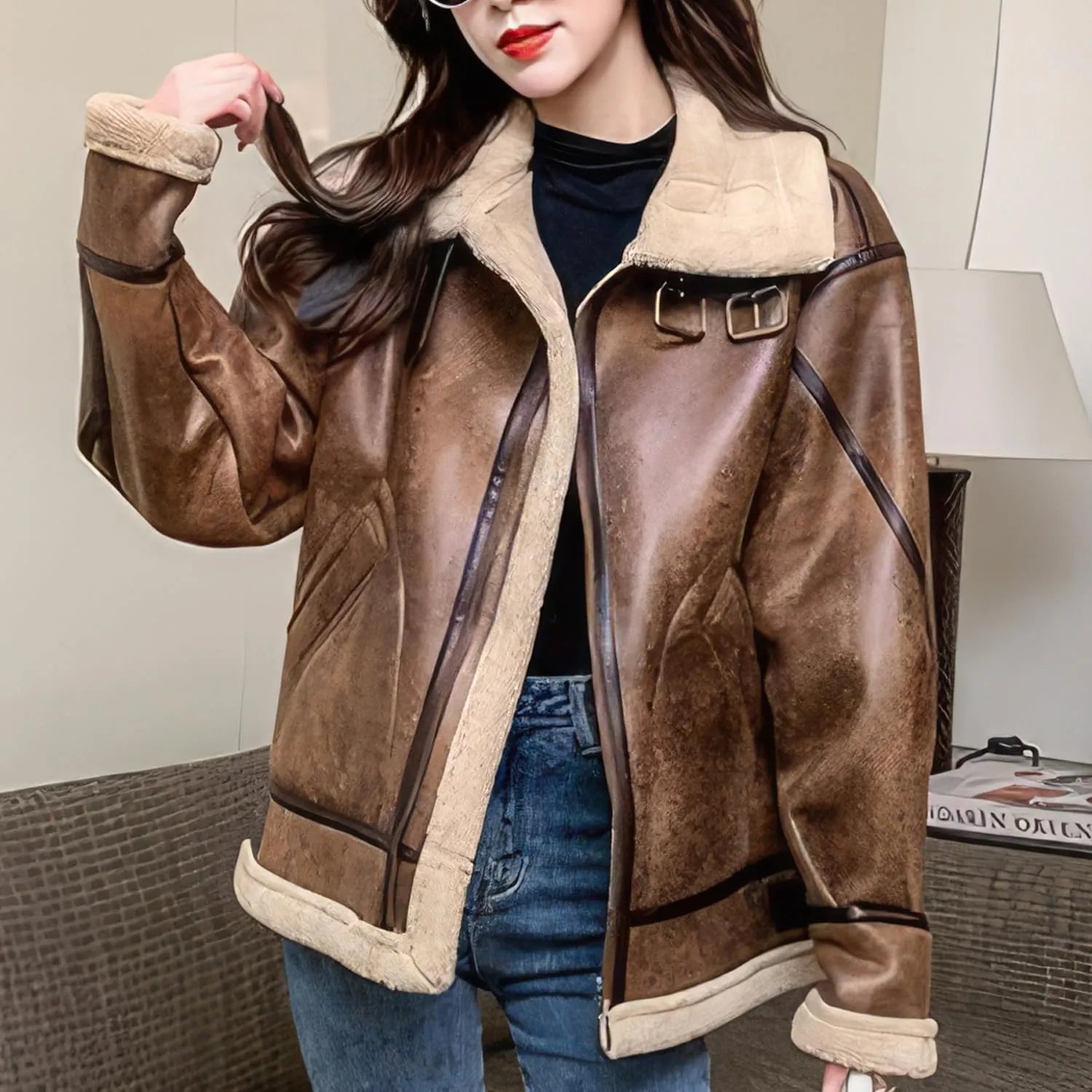 Women’s Distressed Brown Aviator Genuine Sheepskin Sherpa Shearling Faux Fur Lined Winter Warm Flight Pilot Leather Jacket
