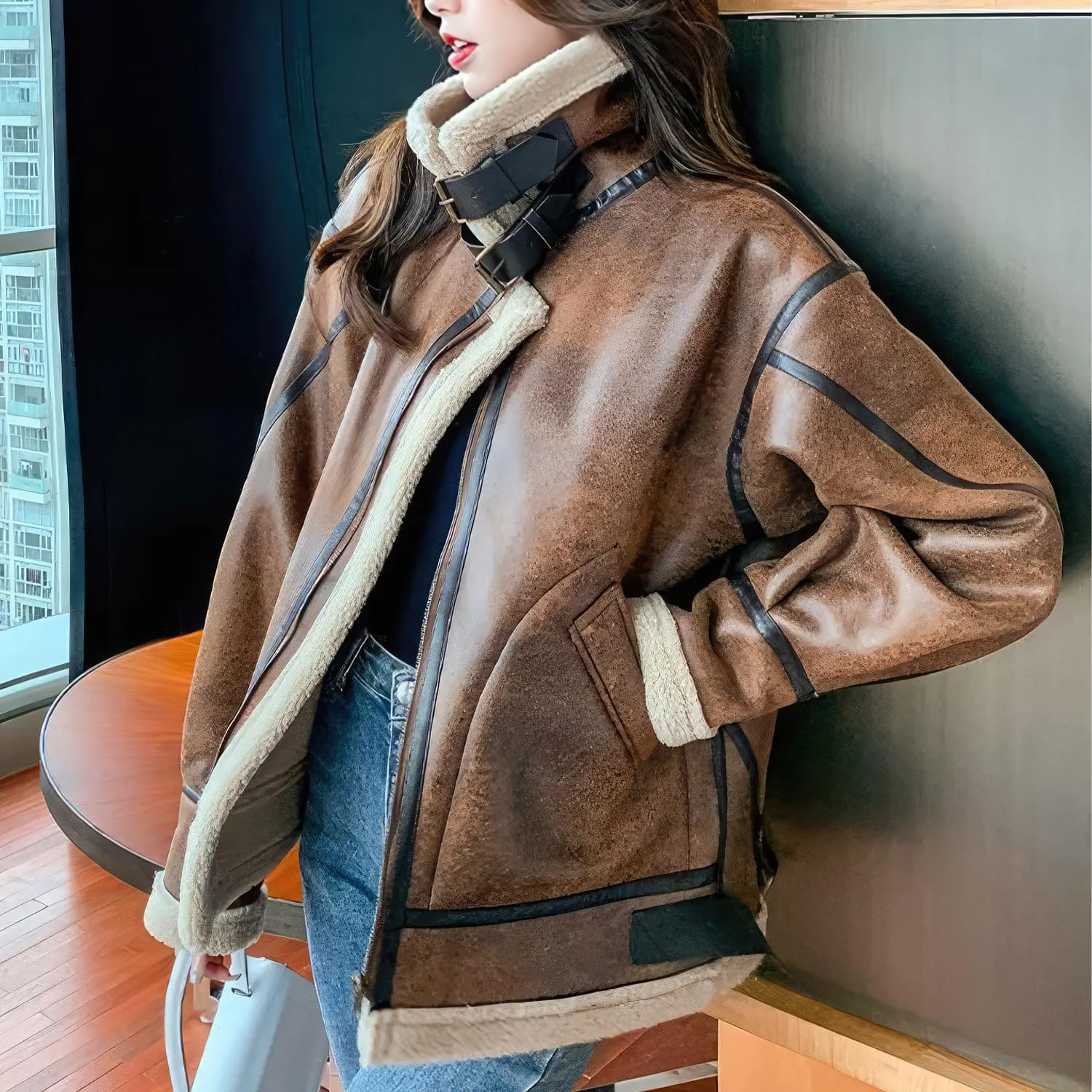 Women’s Distressed Brown Aviator Genuine Sheepskin Sherpa Shearling Faux Fur Lined Winter Warm Flight Pilot Leather Jacket