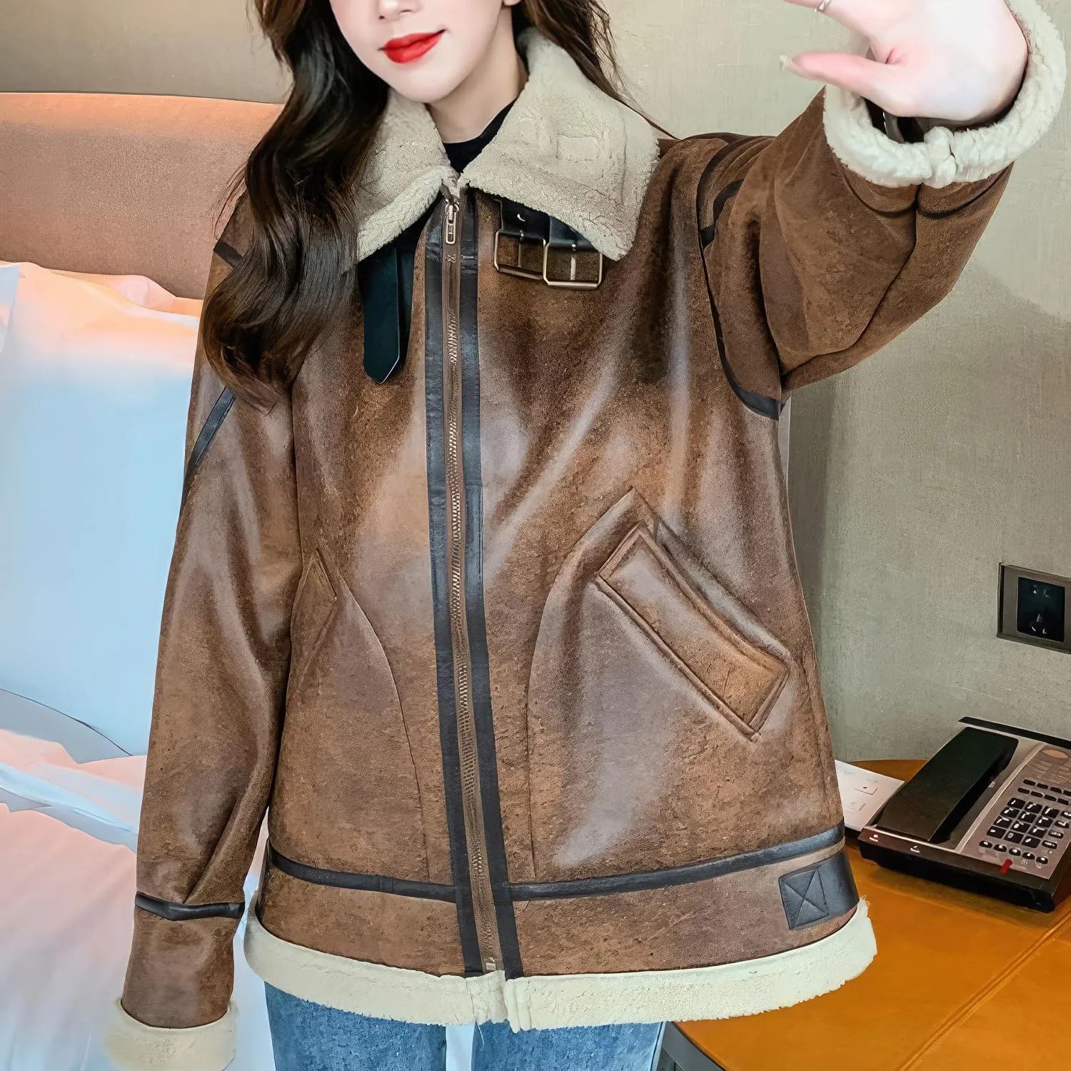 Women’s Distressed Brown Aviator Genuine Sheepskin Sherpa Shearling Faux Fur Lined Winter Warm Flight Pilot Leather Jacket