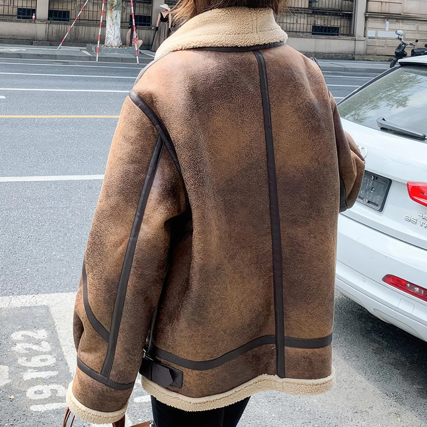 Women’s Distressed Brown Aviator Genuine Sheepskin Sherpa Shearling Faux Fur Lined Winter Warm Flight Pilot Leather Jacket