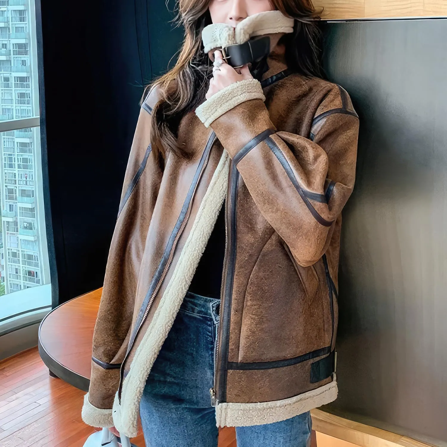 Women’s Distressed Brown Aviator Genuine Sheepskin Sherpa Shearling Faux Fur Lined Winter Warm Flight Pilot Leather Jacket