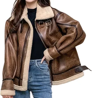 Women’s Distressed Brown Aviator Genuine Sheepskin Sherpa Shearling Faux Fur Lined Winter Warm Flight Pilot Leather Jacket