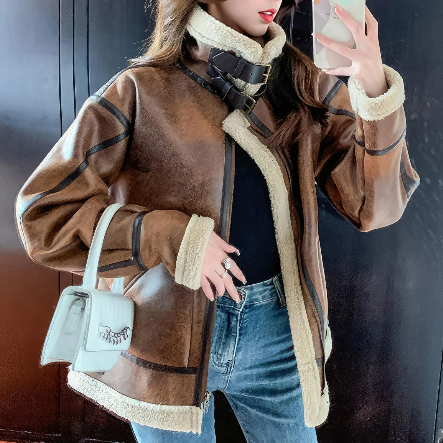 Women’s Distressed Brown Aviator Genuine Sheepskin Sherpa Shearling Faux Fur Lined Winter Warm Flight Pilot Leather Jacket