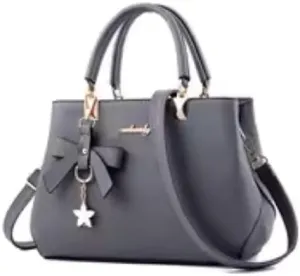 Women's Elegant Bow-Decorated Handbag, Faux Leather Tote with Star Charm, Grey Crossbody Shoulder Bag