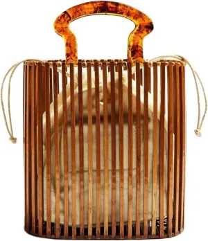 Womens Fashion Bamboo Bag with Acrylic Handle Bucket Bag Summer Beach Clutch Purse Handbags