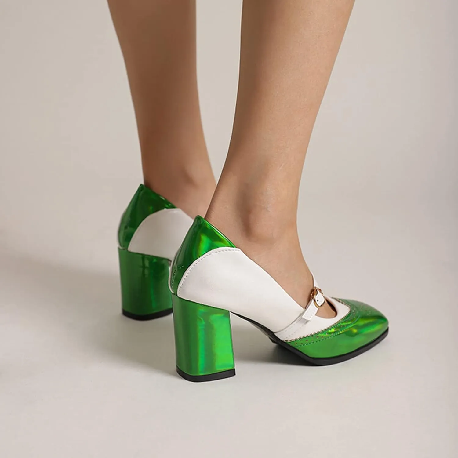 Women's Fashion Two Tone Mary Jane Pumps Buckle Strap Slip On Square Toe Chunky High Heel Dress Shoes