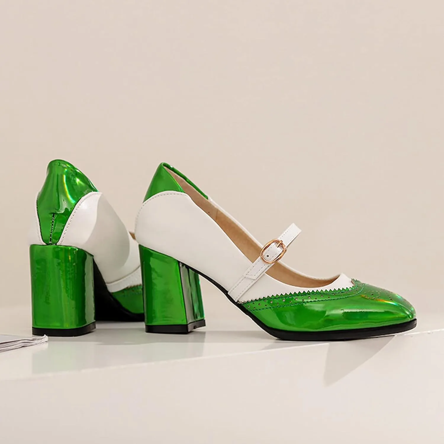 Women's Fashion Two Tone Mary Jane Pumps Buckle Strap Slip On Square Toe Chunky High Heel Dress Shoes