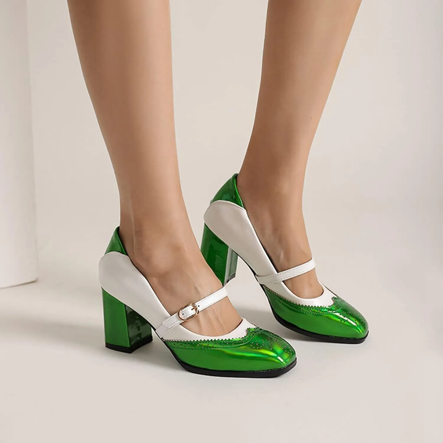 Women's Fashion Two Tone Mary Jane Pumps Buckle Strap Slip On Square Toe Chunky High Heel Dress Shoes