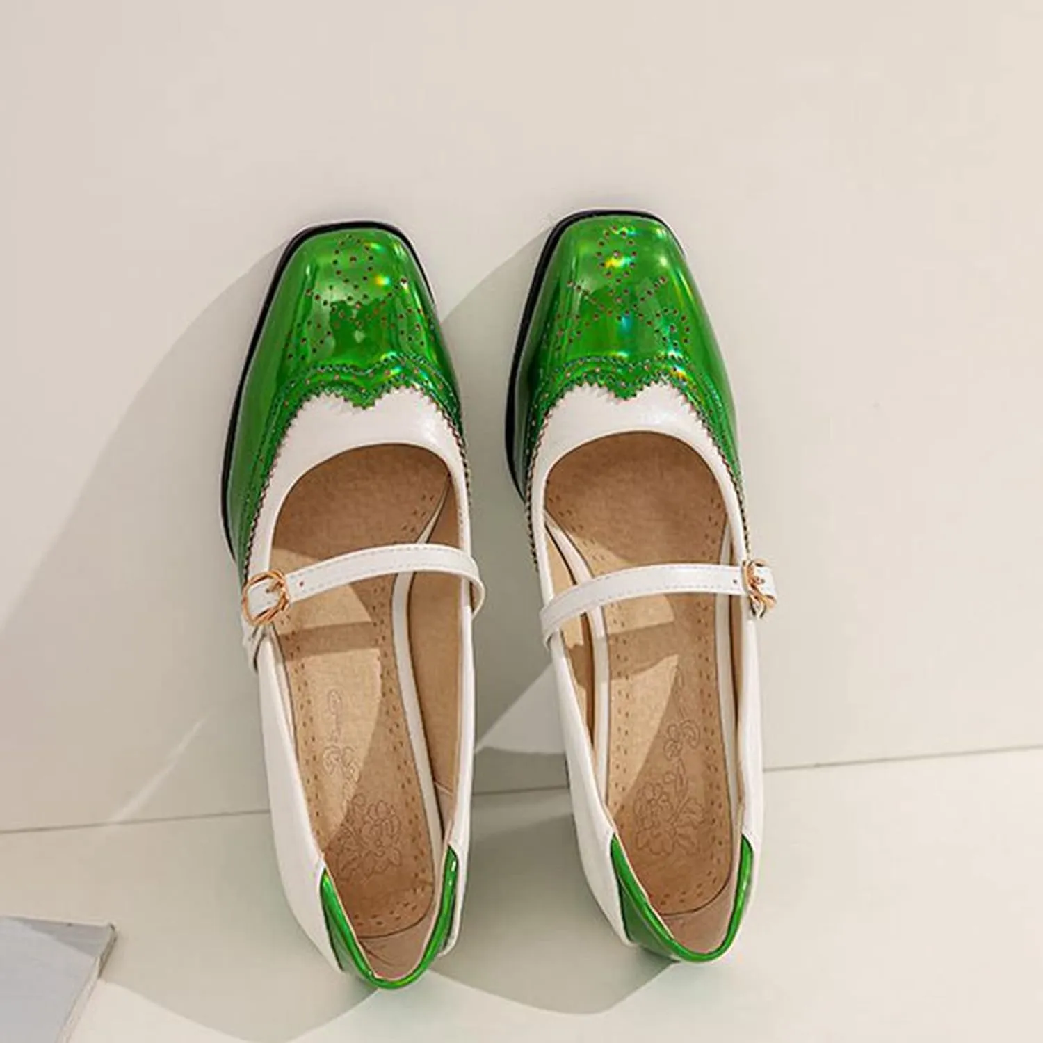 Women's Fashion Two Tone Mary Jane Pumps Buckle Strap Slip On Square Toe Chunky High Heel Dress Shoes