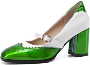 Women's Fashion Two Tone Mary Jane Pumps Buckle Strap Slip On Square Toe Chunky High Heel Dress Shoes