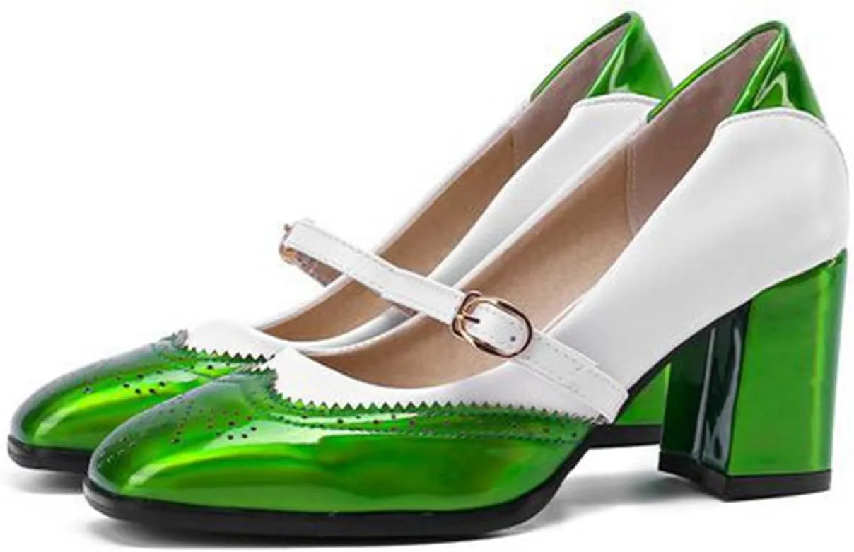 Women's Fashion Two Tone Mary Jane Pumps Buckle Strap Slip On Square Toe Chunky High Heel Dress Shoes