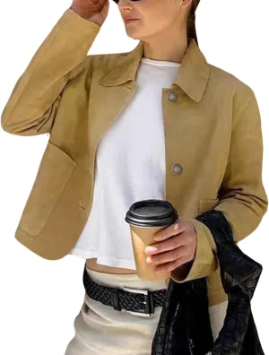Women's Faux Suede Jackets Blazers Long Sleeve Button Down Cropped Coat Outwear Tops