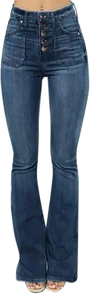 Women's Flare Bell Bottom Jeans Wide Leg Jeans Button High Waist Bootcut Pants Stretch Tummy Control Denim Pants
