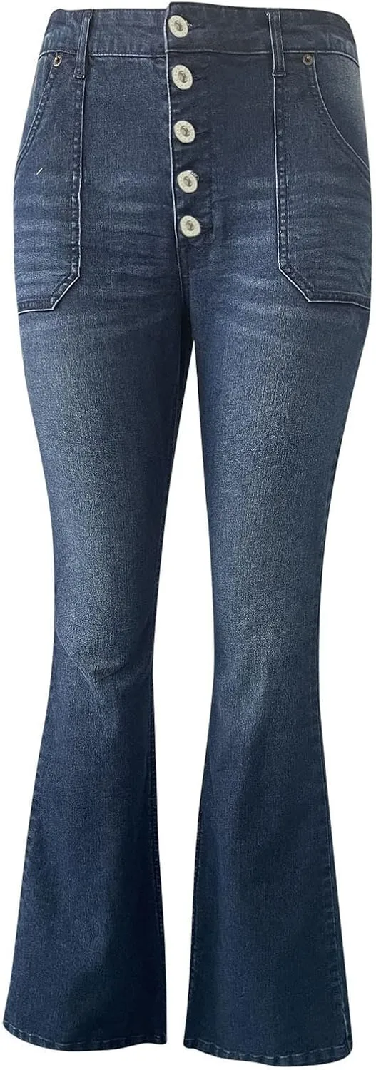 Women's Flare Bell Bottom Jeans Wide Leg Jeans Button High Waist Bootcut Pants Stretch Tummy Control Denim Pants