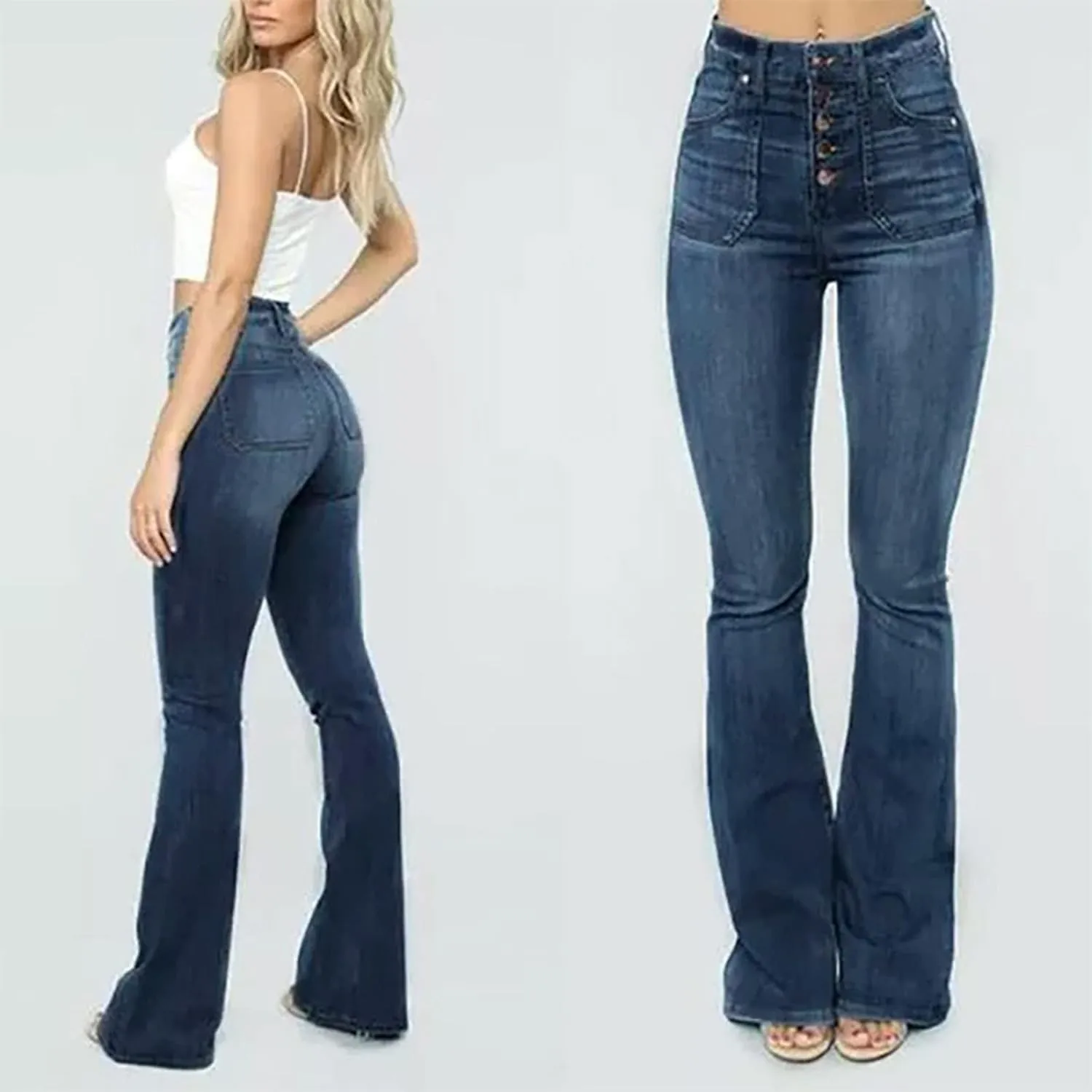 Women's Flare Bell Bottom Jeans Wide Leg Jeans Button High Waist Bootcut Pants Stretch Tummy Control Denim Pants