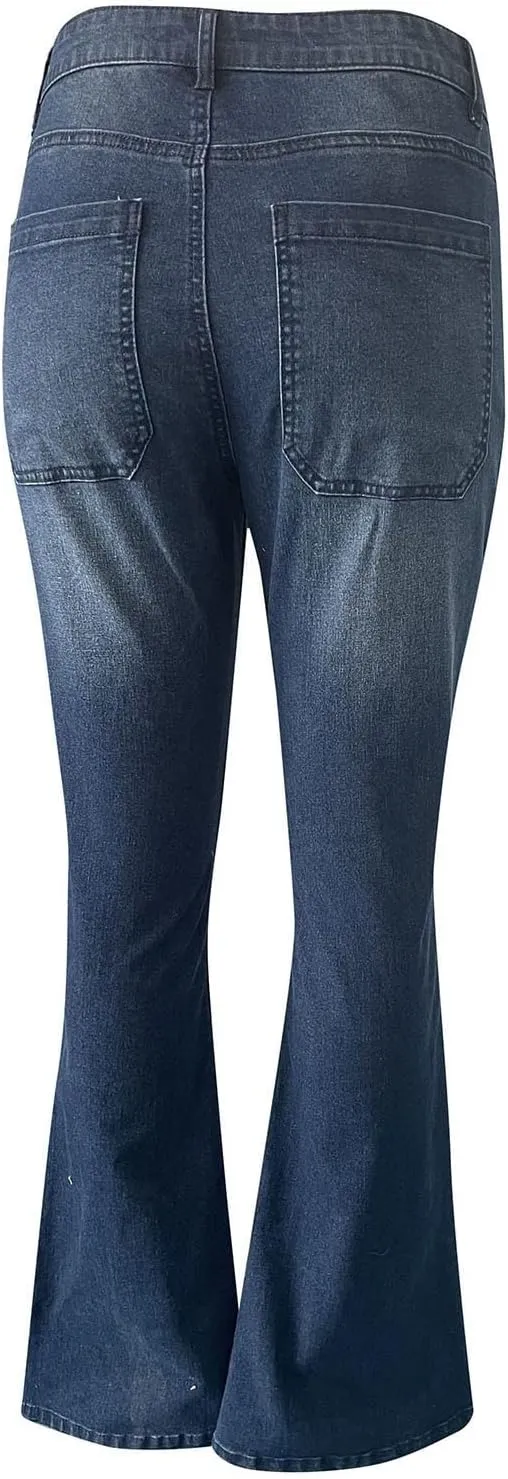 Women's Flare Bell Bottom Jeans Wide Leg Jeans Button High Waist Bootcut Pants Stretch Tummy Control Denim Pants