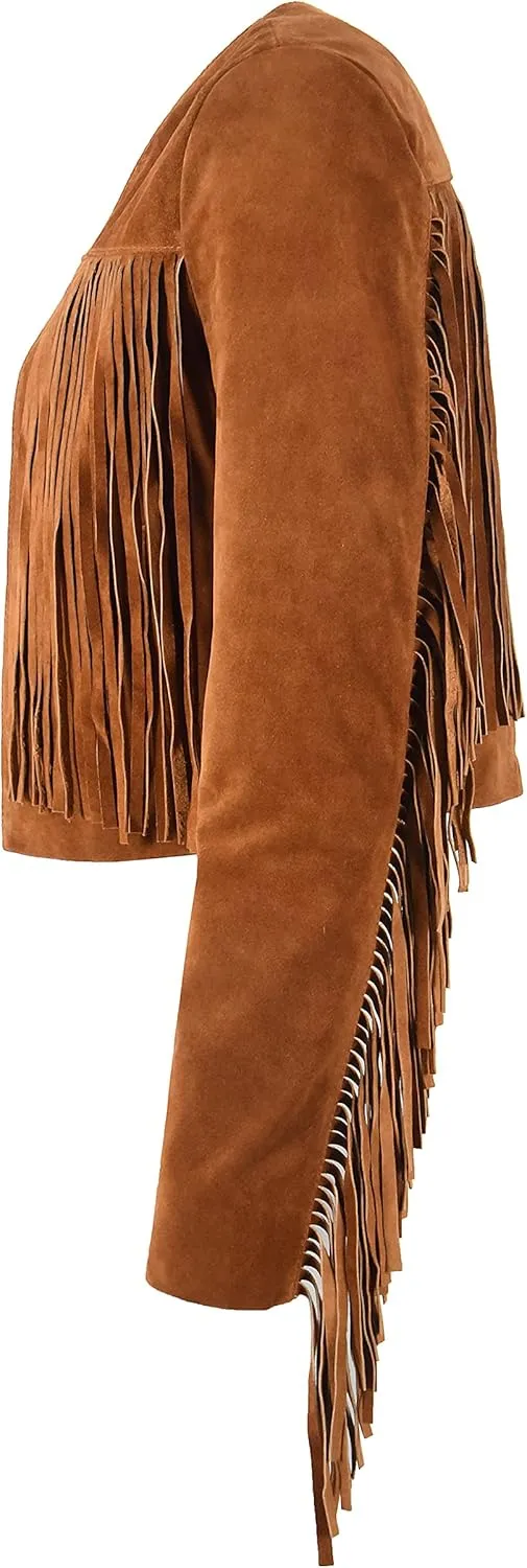 Women’s Fringe Western Short Body Leather Jacket Tan Cow Suede Vintage 90s Style 7912