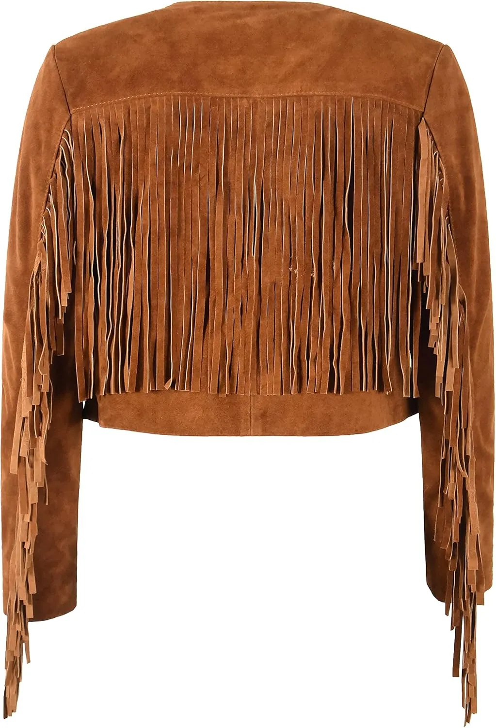 Women’s Fringe Western Short Body Leather Jacket Tan Cow Suede Vintage 90s Style 7912