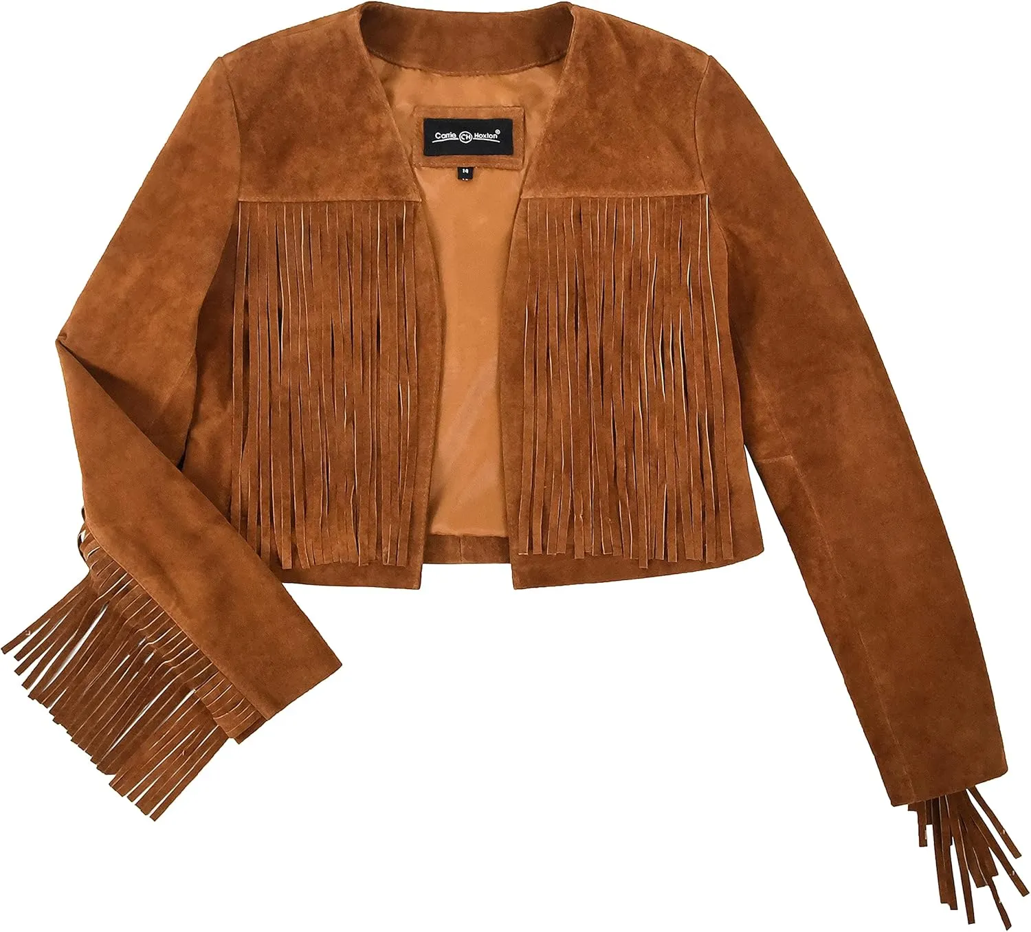 Women’s Fringe Western Short Body Leather Jacket Tan Cow Suede Vintage 90s Style 7912