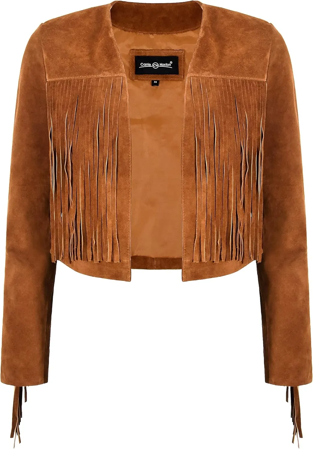 Women’s Fringe Western Short Body Leather Jacket Tan Cow Suede Vintage 90s Style 7912