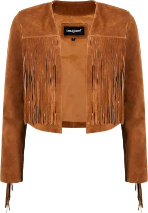 Women’s Fringe Western Short Body Leather Jacket Tan Cow Suede Vintage 90s Style 7912