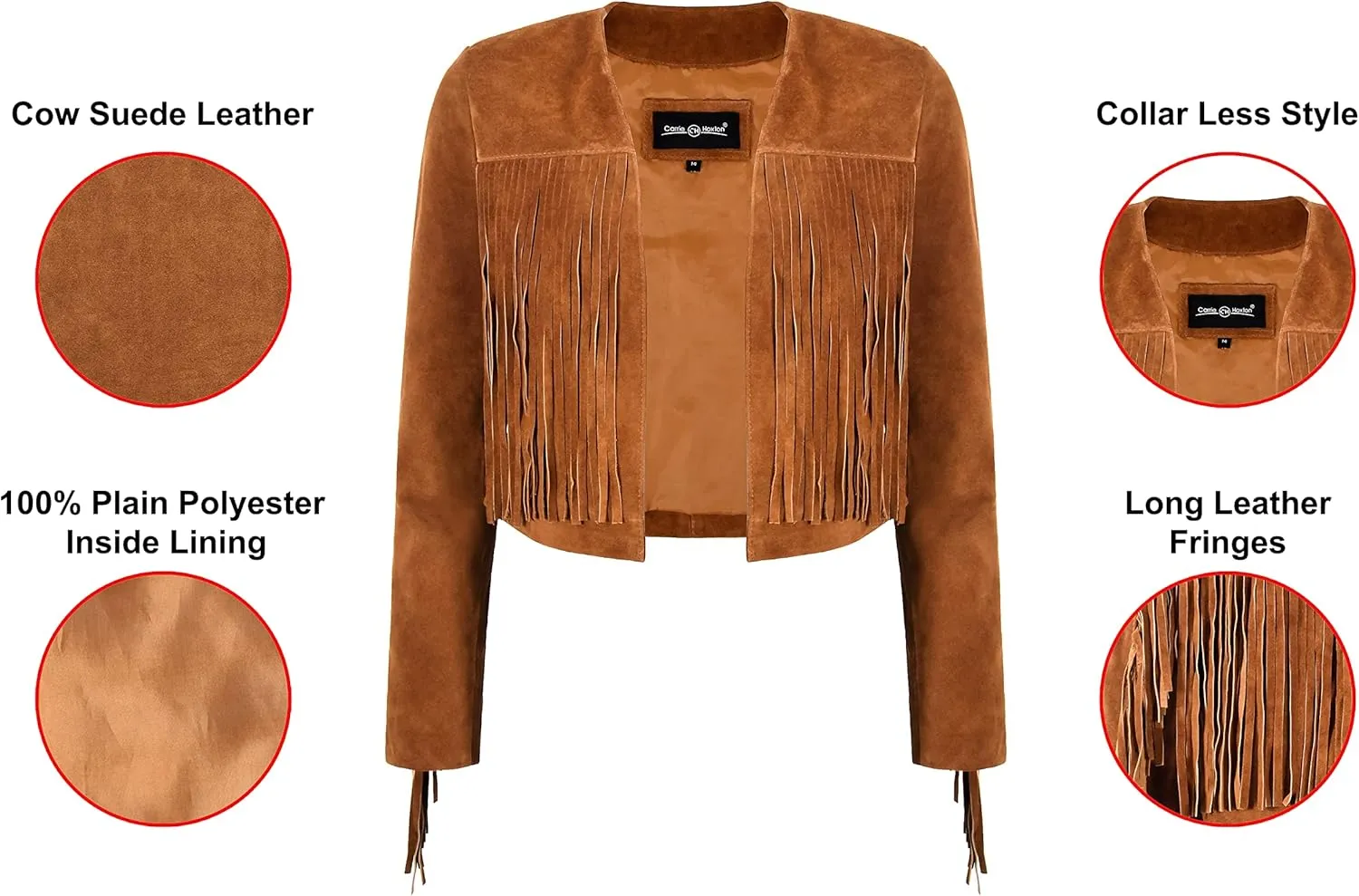 Women’s Fringe Western Short Body Leather Jacket Tan Cow Suede Vintage 90s Style 7912