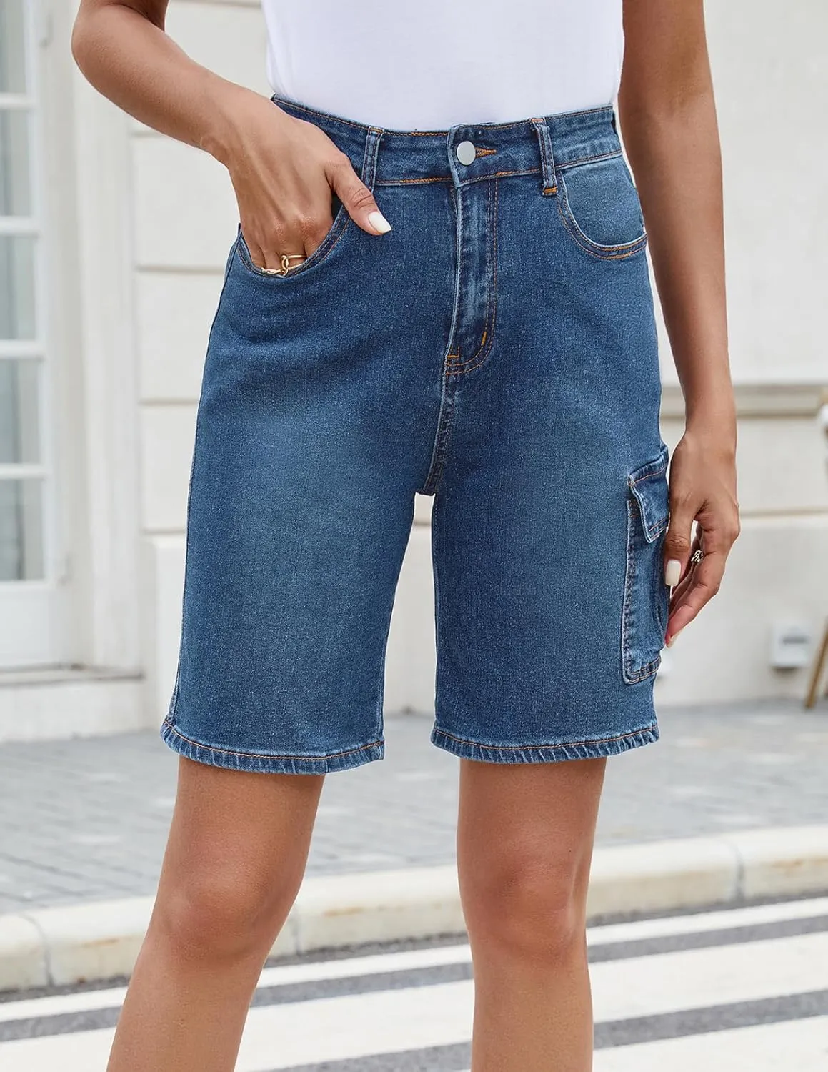 Women's High Waisted Stretchy Bermuda Denim Shorts - Trendy Casual Loose Fit