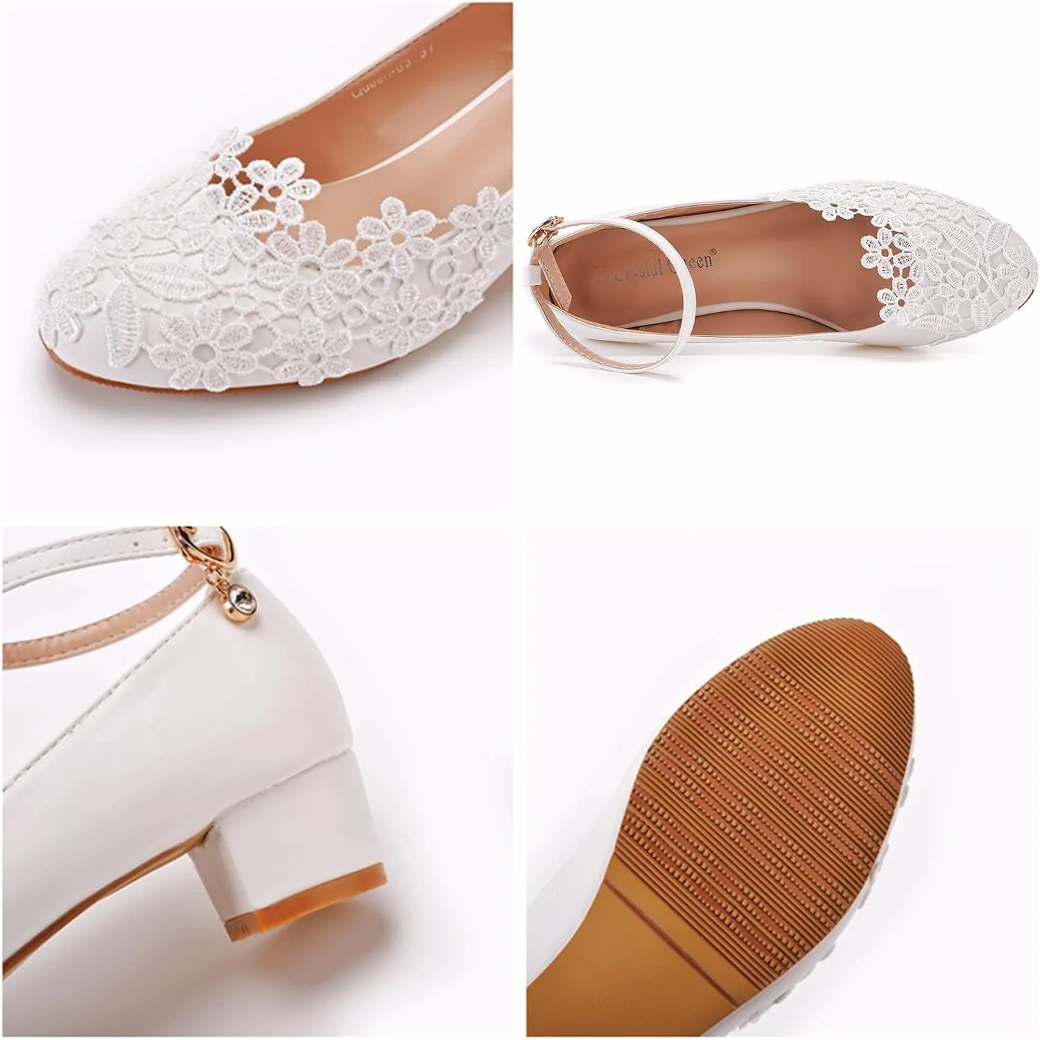 Womens Lace Flower Closed Toe Chunky Heel Wedding Shoes Classic Round Toe Ankle Strap Buckle Mid Block Heels Pumps Sexy Non-Slip Bridal Prom Evening Party Dress Shoes