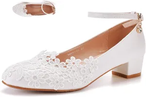 Womens Lace Flower Closed Toe Chunky Heel Wedding Shoes Classic Round Toe Ankle Strap Buckle Mid Block Heels Pumps Sexy Non-Slip Bridal Prom Evening Party Dress Shoes