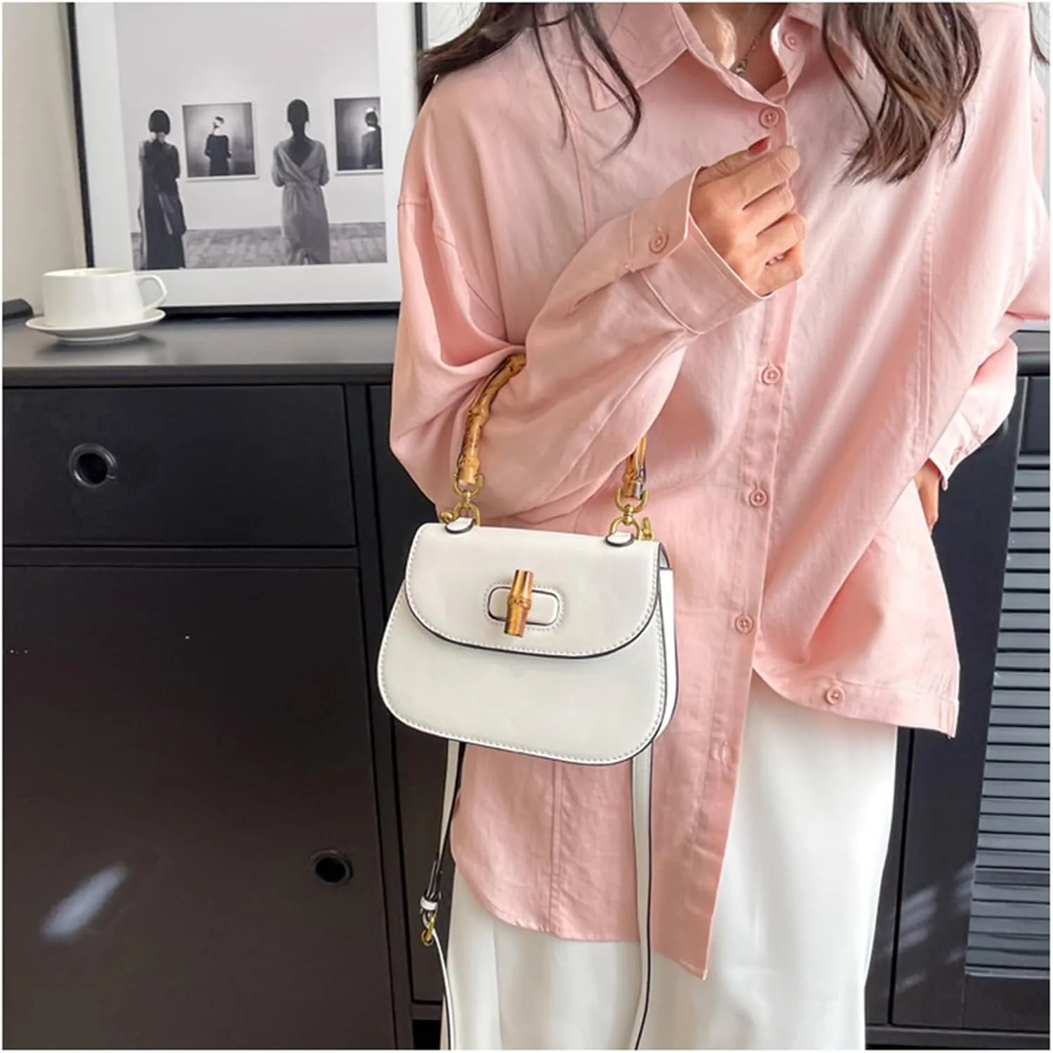 Women'S Leather Tote Handbags,Bamboo Shaped Top Handle Satchel Crossbody Bag Vintage Shoulder Bag