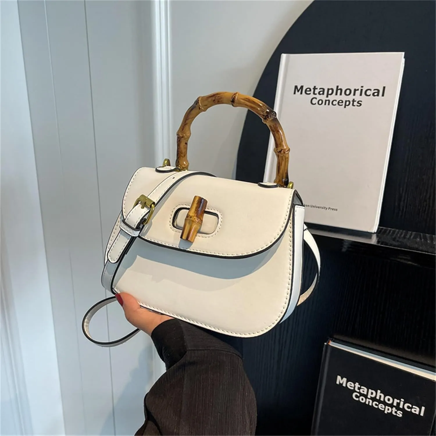 Women'S Leather Tote Handbags,Bamboo Shaped Top Handle Satchel Crossbody Bag Vintage Shoulder Bag