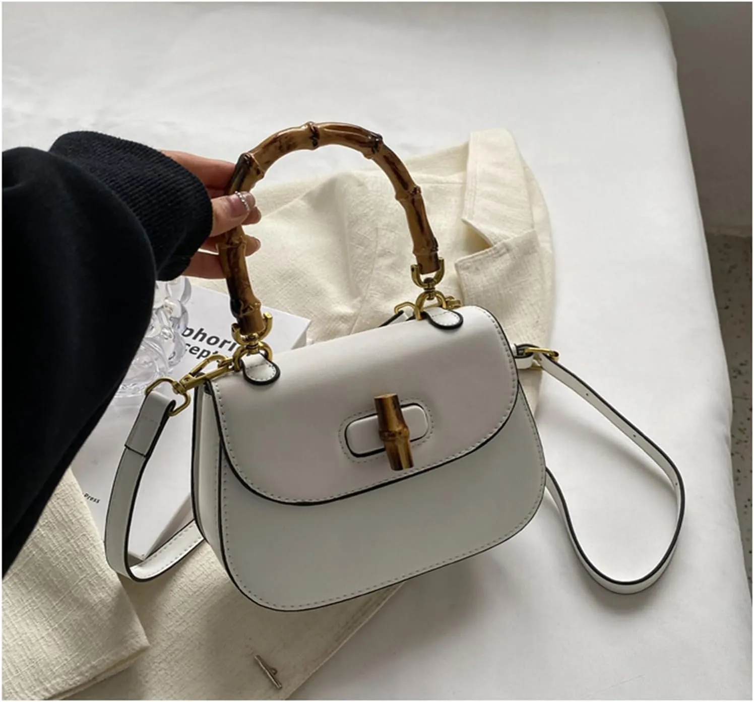 Women'S Leather Tote Handbags,Bamboo Shaped Top Handle Satchel Crossbody Bag Vintage Shoulder Bag
