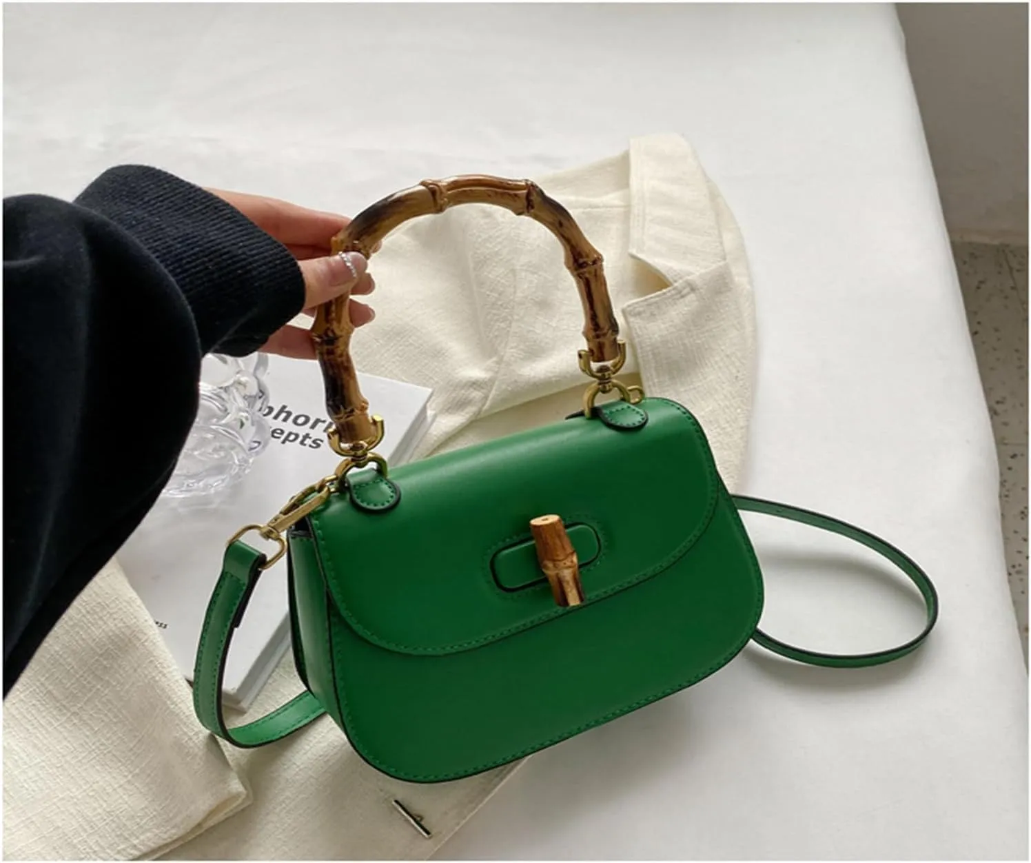 Women'S Leather Tote Handbags,Bamboo Shaped Top Handle Satchel Crossbody Bag Vintage Shoulder Bag