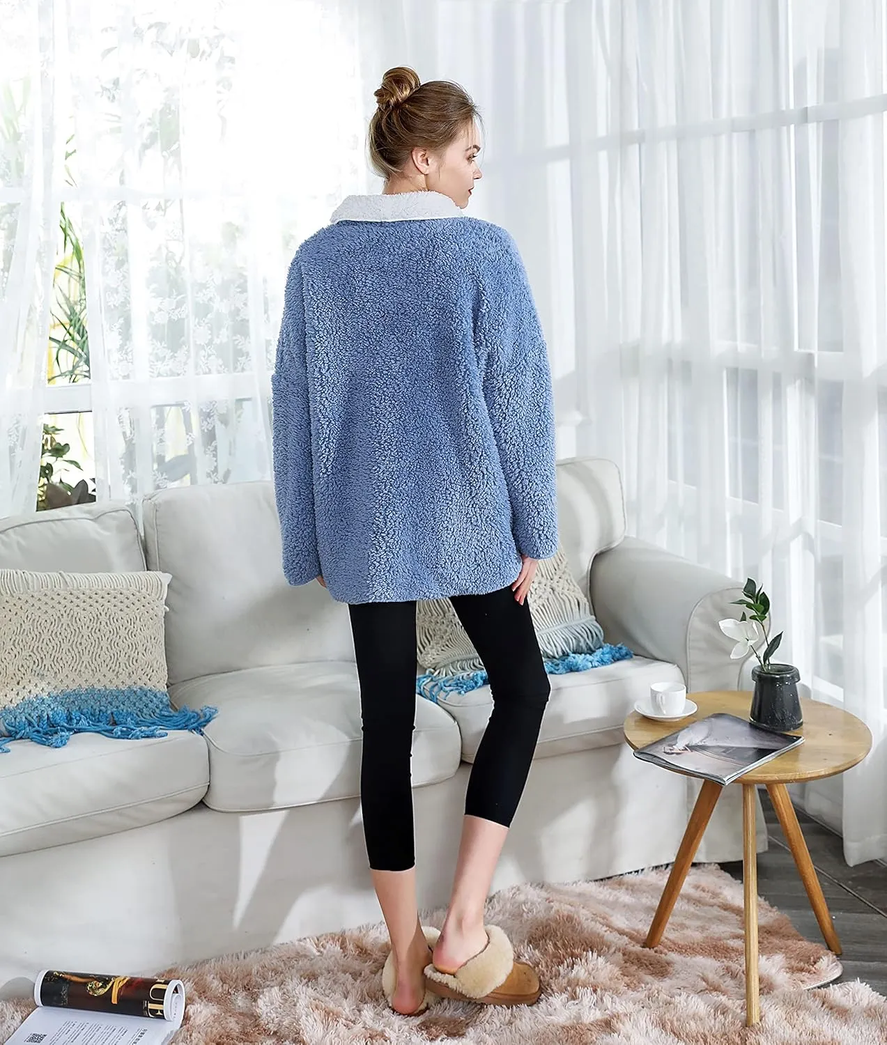 Women's Plus Denim Blue/Ivory Sherpa Plush Reversible Button Front Bed Jacket