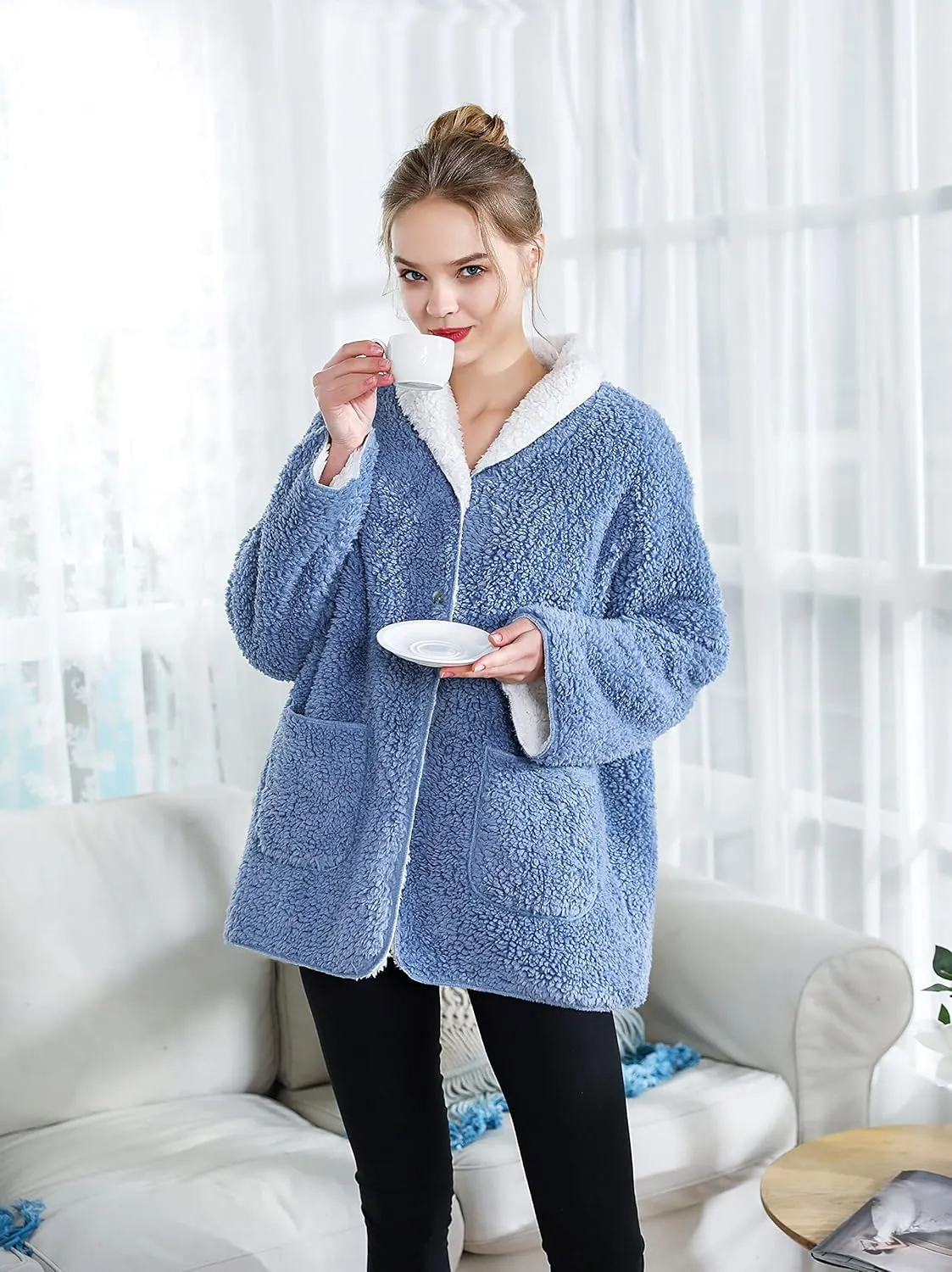 Women's Plus Denim Blue/Ivory Sherpa Plush Reversible Button Front Bed Jacket