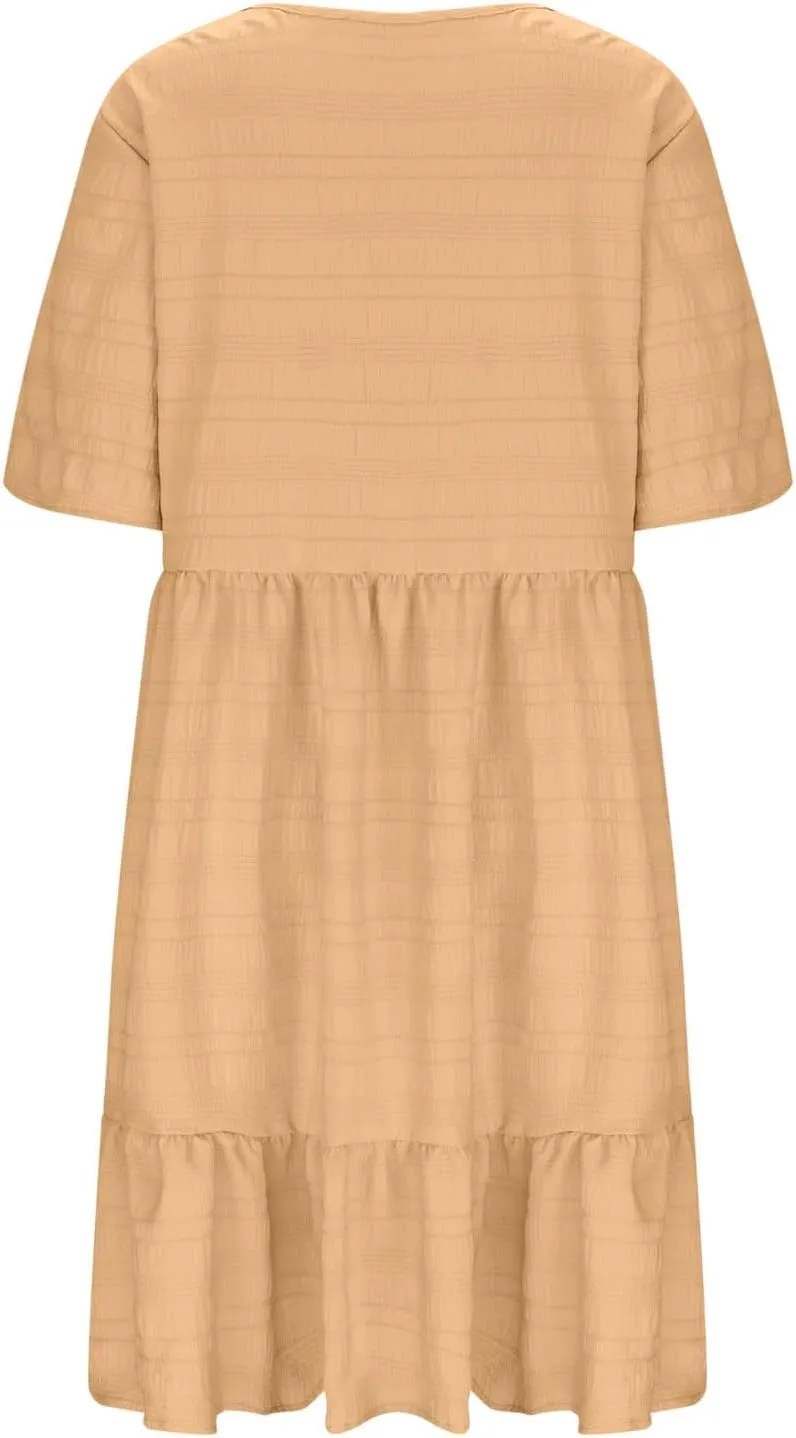 Womens Plus Size Mini Dress Pleated Patchwork Dresses Short Sleeve Crewneck Sundress Beach Wedding Guest Clothes 2025