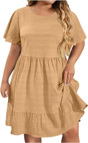 Womens Plus Size Mini Dress Pleated Patchwork Dresses Short Sleeve Crewneck Sundress Beach Wedding Guest Clothes 2025