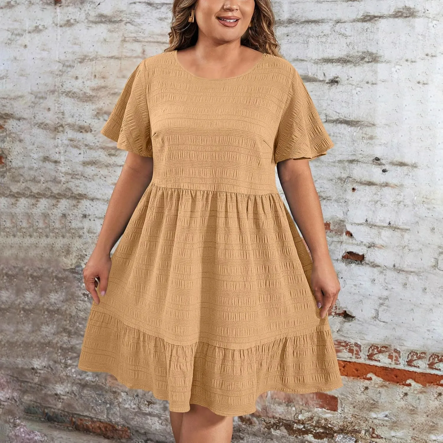 Womens Plus Size Mini Dress Pleated Patchwork Dresses Short Sleeve Crewneck Sundress Beach Wedding Guest Clothes 2025