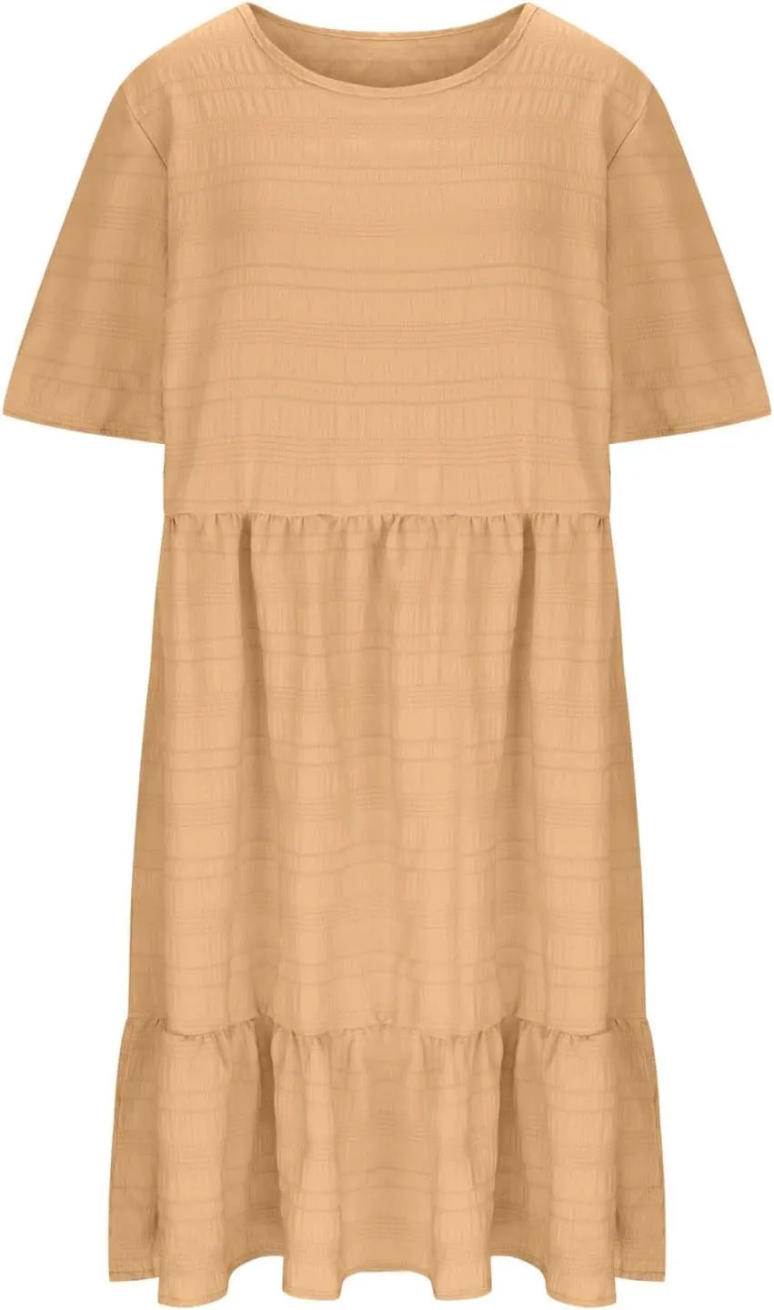 Womens Plus Size Mini Dress Pleated Patchwork Dresses Short Sleeve Crewneck Sundress Beach Wedding Guest Clothes 2025