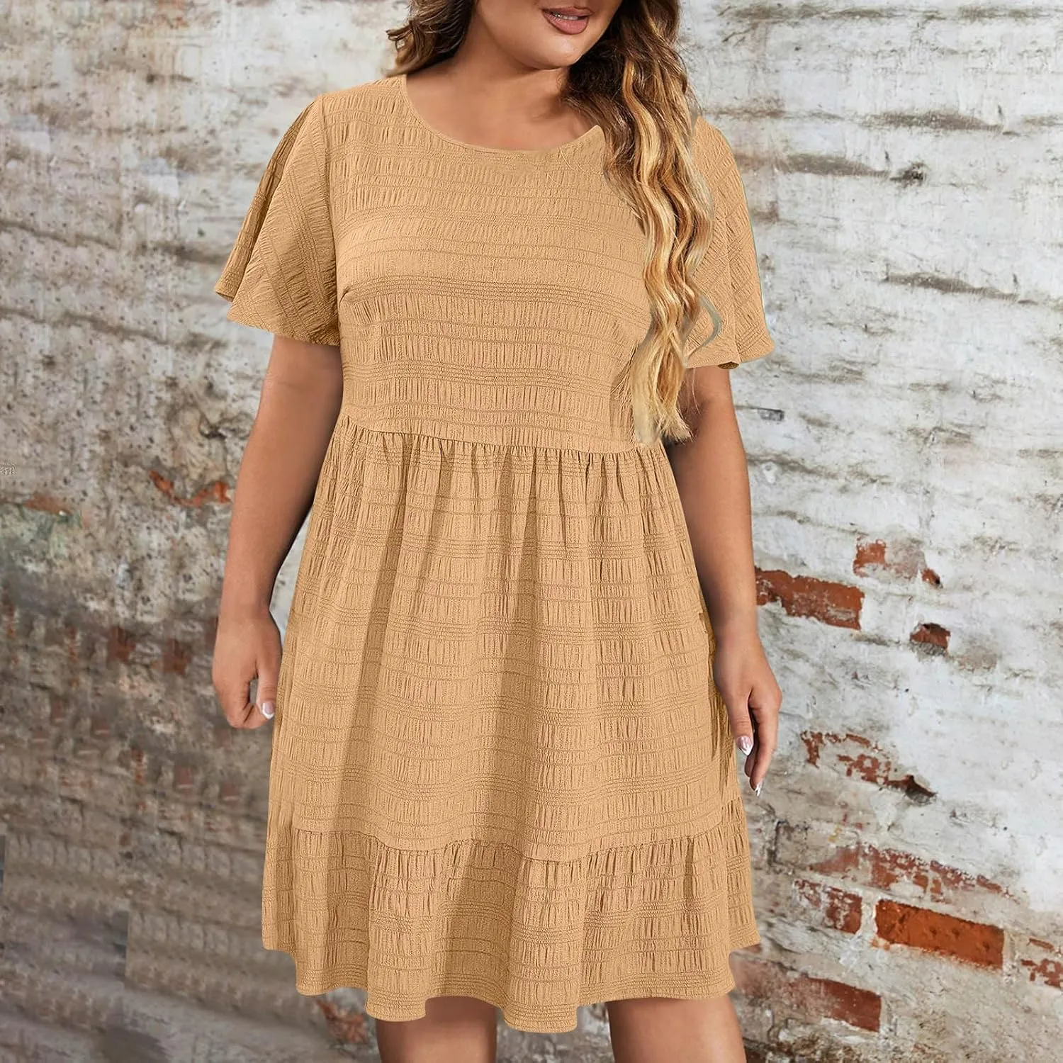 Womens Plus Size Mini Dress Pleated Patchwork Dresses Short Sleeve Crewneck Sundress Beach Wedding Guest Clothes 2025
