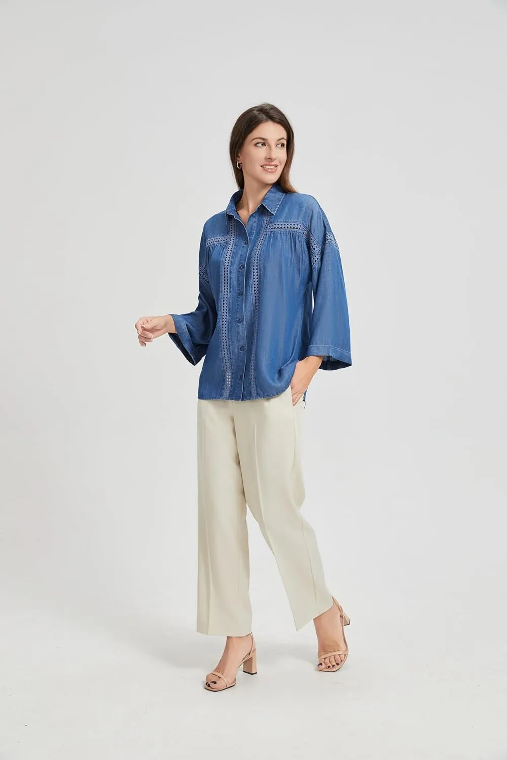 Women's Plus Size Western Denim Shirt - Summer Soft Stretch Cowboy Style Long Sleeve