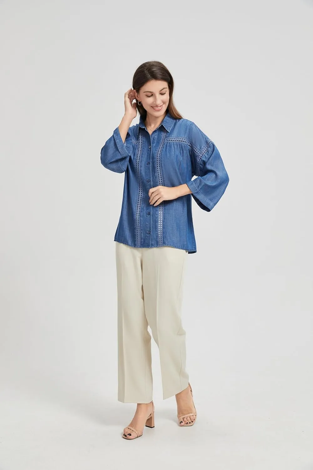 Women's Plus Size Western Denim Shirt - Summer Soft Stretch Cowboy Style Long Sleeve