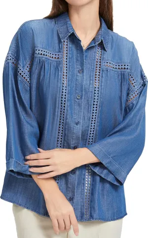 Women's Plus Size Western Denim Shirt - Summer Soft Stretch Cowboy Style Long Sleeve