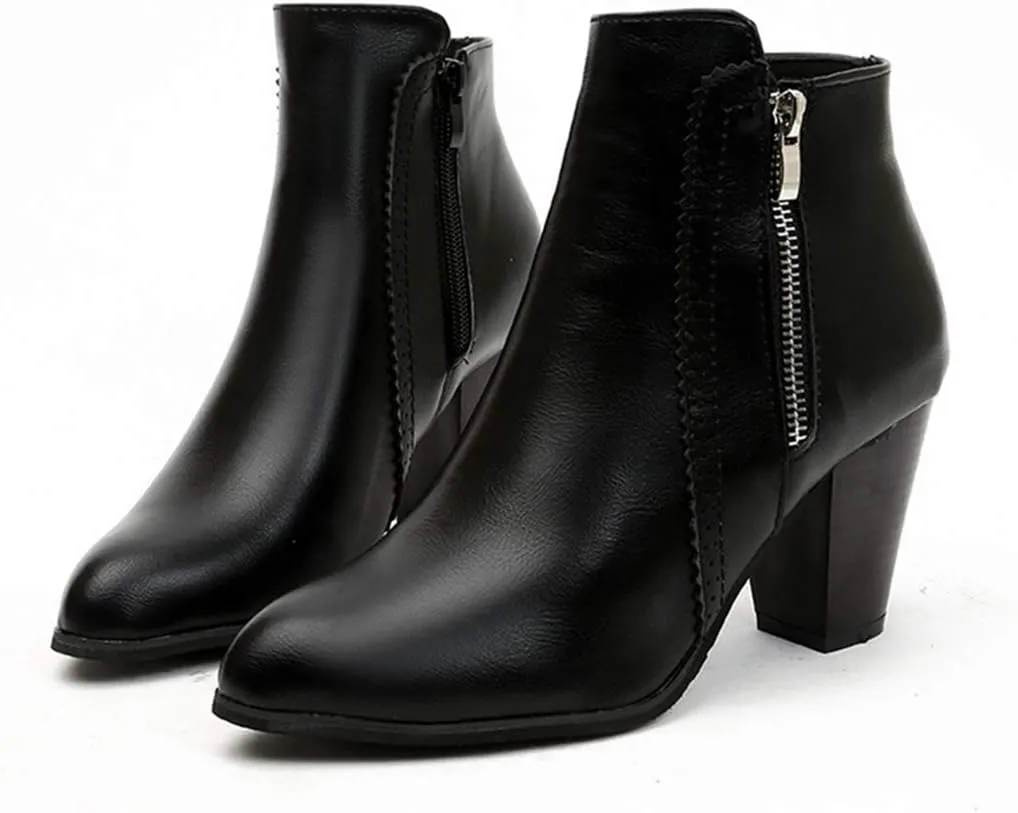 Women's Pointed Toe Chunky High Heel Ankle Boots Fashion Zipper Chelsea Booties Dressy Short Boot